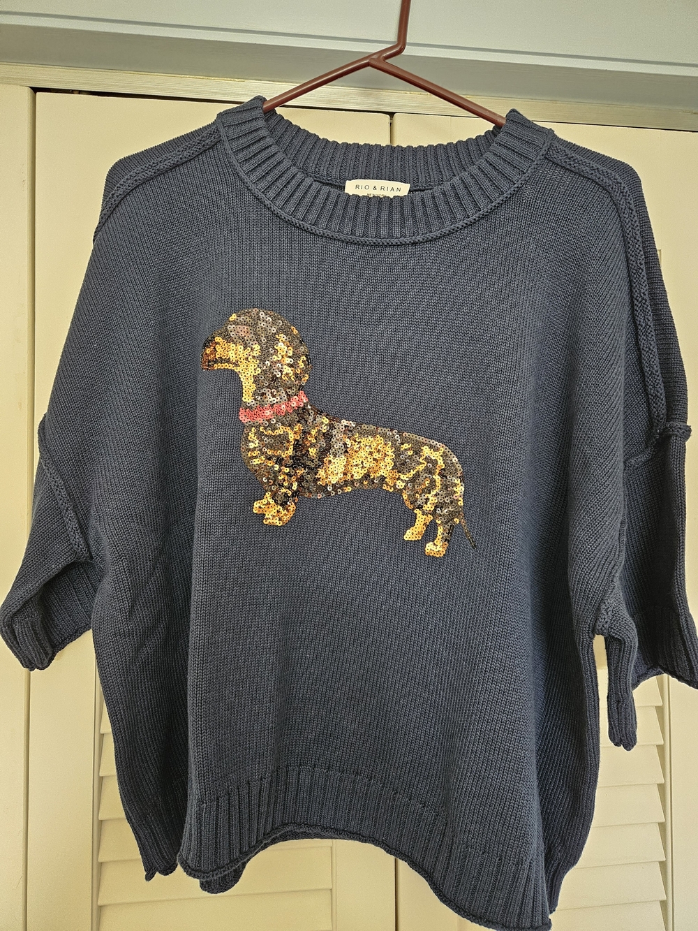 NWOT RIO & RIAN Navy Knit Sweater with Gold Sequin Dachshund